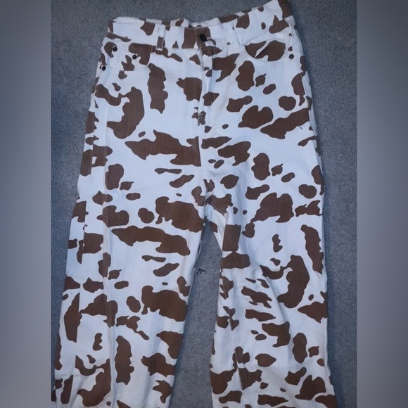 Shekou Brown and White Cow Print Wide Leg Jeans | Size: L - Picture 2 of 8